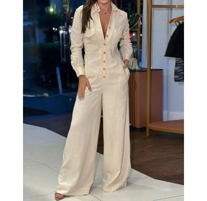 Jumpsuit Women 2024 Autumn Commuting Fashion Turn-Down Collar Long Sleeve Pocket Design Casual Jumpsuits New Female One Pieces