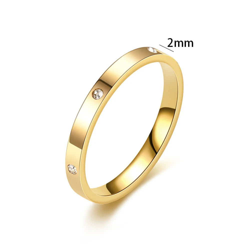 Women's Gold Ring 2mm Thin Silver Color Titanium Stainless Steel Crystal Wedding Rings for Woman Girl Elegant Jewelry Anello