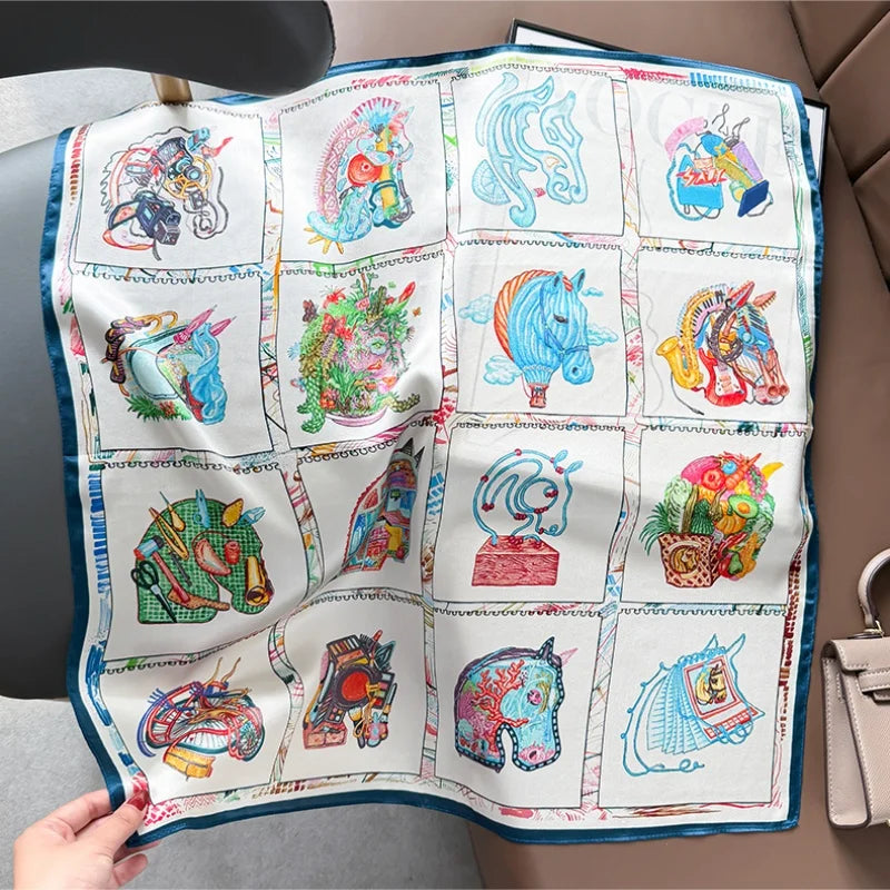 100% Mulberry Silk Square Scarf Horse Print Headscarf Bandana Neckerchief Neck Wrap Bag Accessory Fashion Foulard for Women