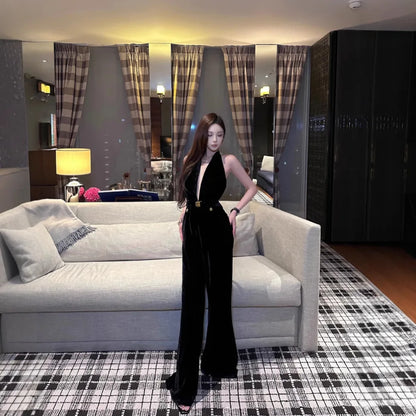 Vintage Luxury High-end Black Jumpsuits Metal Button Slim Sexy V-neck Hang Neck One-piece Pants Women Party Dresses Backless New