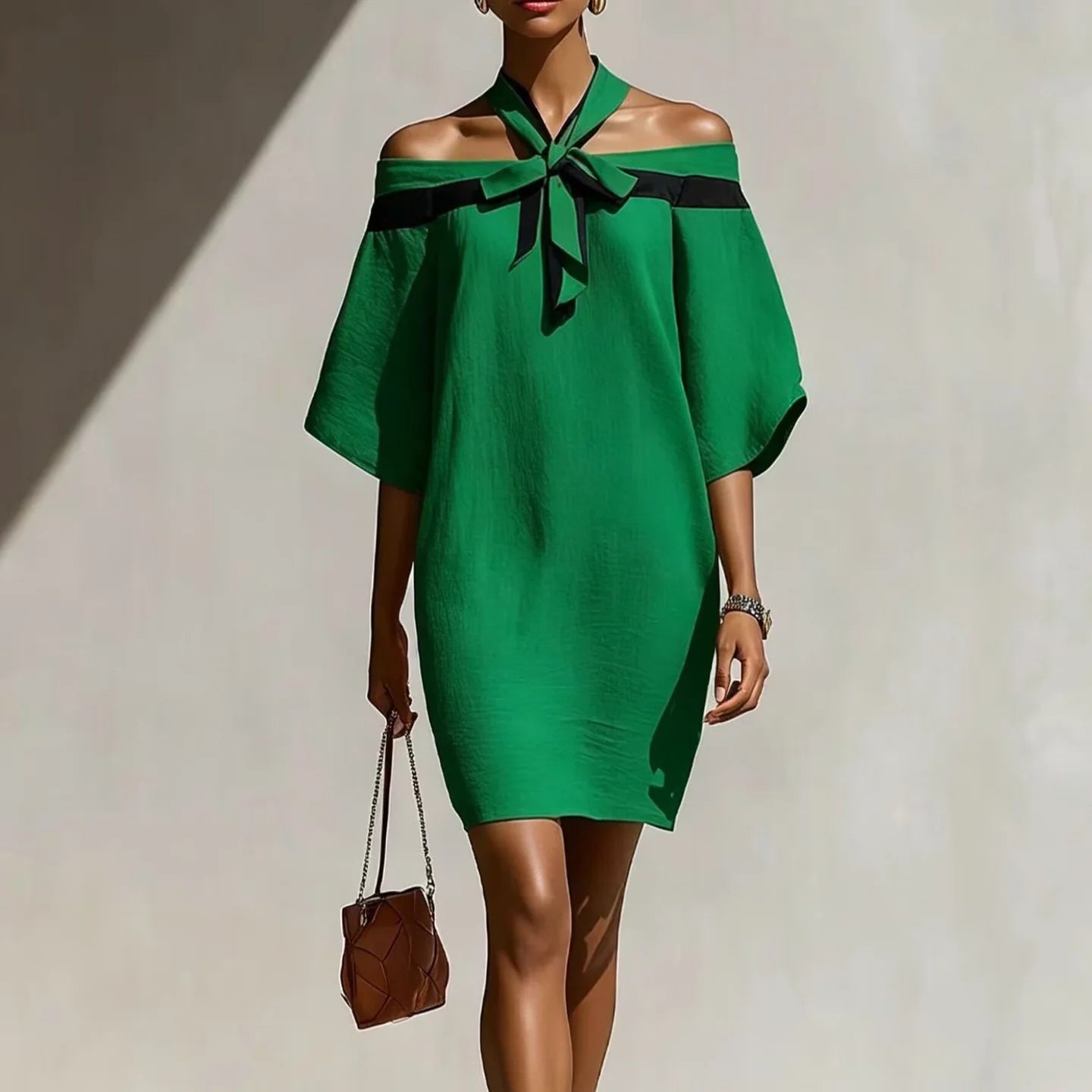 Elegant Temperament Women's Color Blocked Off Shoulder One Shoulder Summer Bow Collar Decorated With Bat Sleeves Mini Dress New