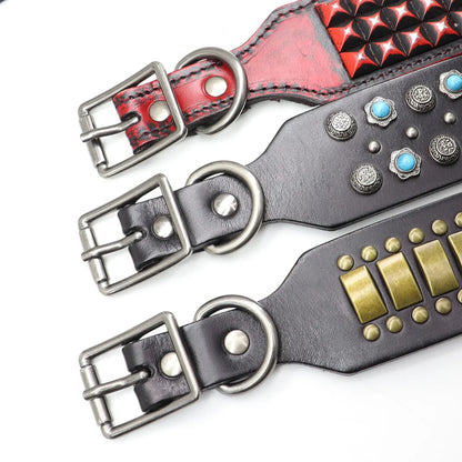 Genuine Leather Big Dog Collar 2inch Wide Diamond Dog Collars Durable Spike Pet Necklace Luxury for Medium Large Dogs Pitbull
