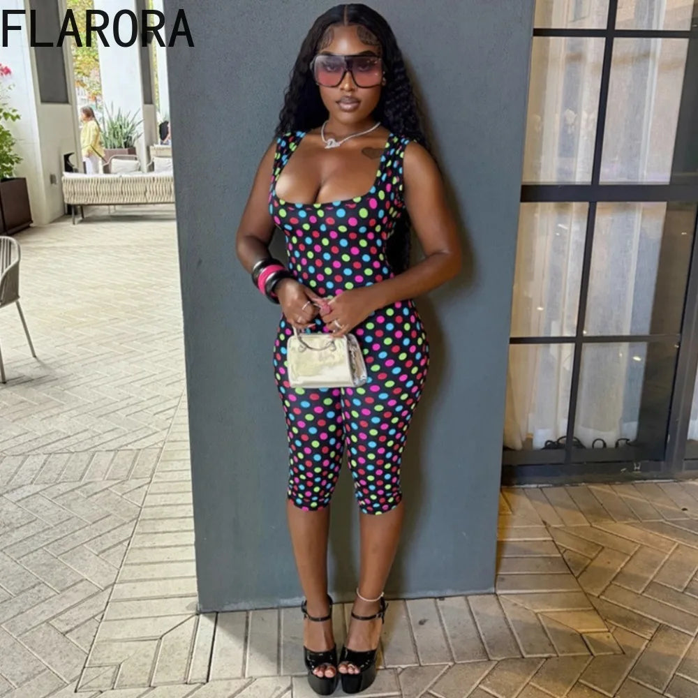 FLARORA Trendy Polka Dot Print Jumpsuit Woman Sexy Square Collar Sleeveless Backless Skinny Peach Hip Romper Hottie Streetwear