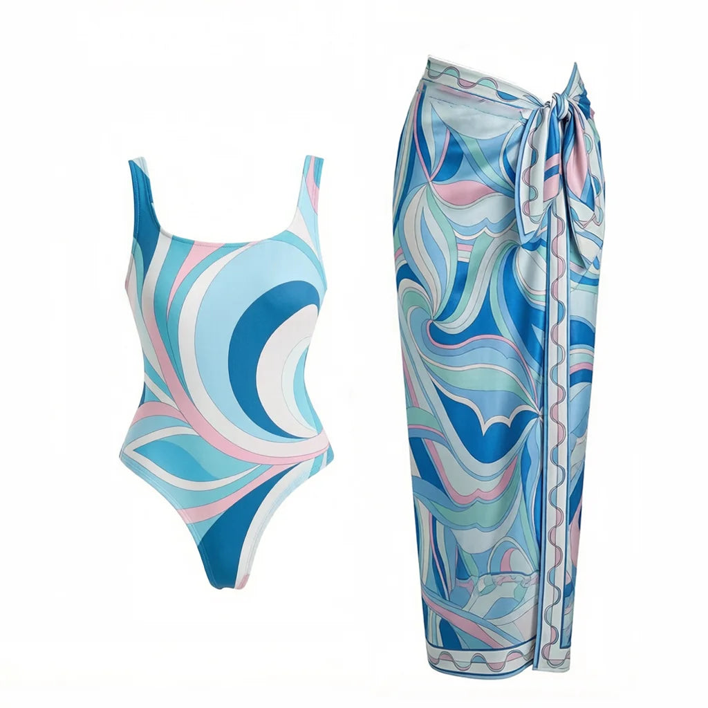 2026 New Long Sleeve Vintage Print One Piece Swimwear Zipper Women Bathing Suit And Wrap Skirt Surfing Swim Suit Beachwear