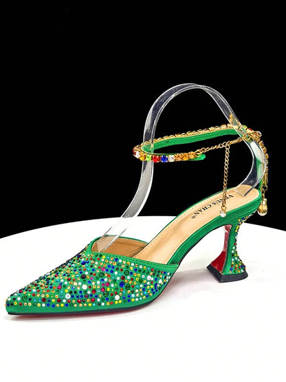 Vemus Chan 2026 New Shiny Italian Fashion Women’s Pointed Toe Heels with Rhinestone Detailing & Matching Green Color Bag Set