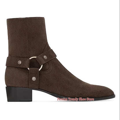 Autumn Winter Retro Chelsea Boots for Men Metal Ring Suede Leather Pointed Toe Short Boots British Style Trendy Men's Shoes