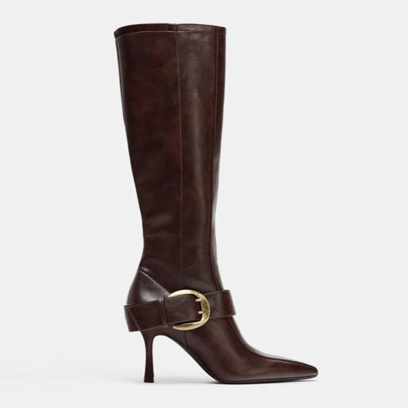 Winter Fashion Sexy Soft Leather Knee High Boots Women Metal Belt Buckle Ladies Zip Pointed Toe Designer Heels Long Shoes