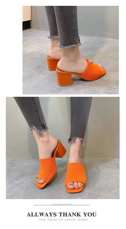 Women's Luxury Casual Soft High Heel Sandals Black Mules Summer Slippers Outdoor Shoes Open Toe