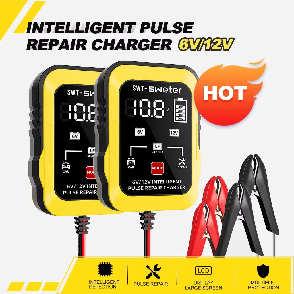 ZNLYRION 2Pcs /pair 6V 12V Smart Car Battery Charger 1.5A Pulse Repair Charger for Lead Acid LiFePO4 Battery Digital Display Auto Motorcycle Battery Maintainer with Alligator Clips Ring Terminal Cables