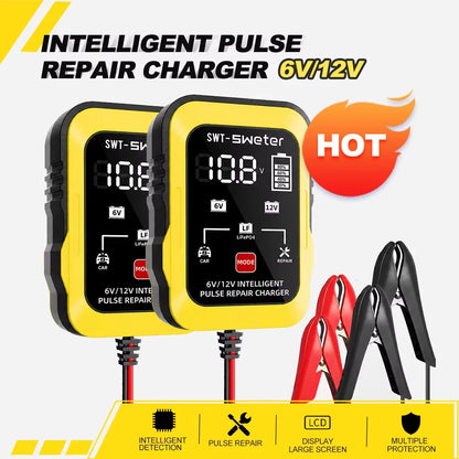 ZNLYRION 2Pcs /pair 6V 12V Smart Car Battery Charger 1.5A Pulse Repair Charger for Lead Acid LiFePO4 Battery Digital Display Auto Motorcycle Battery Maintainer with Alligator Clips Ring Terminal Cables