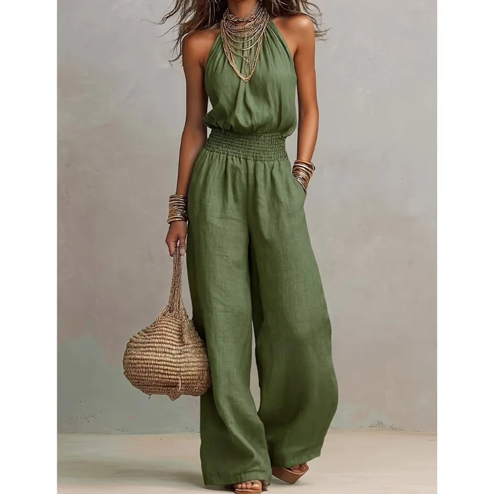 Women's Halter Neck Smocked Linen Blend Jumpsuit Waist Wide Leg Long Romper Casual Sleeveless Summer Beach Vacation Jumpsuits