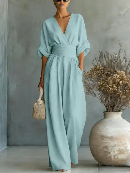 Women Elegant Linen V Neck Short Sleeve Jumpsuit Waist Cinched Wide Leg Long Pants Rompers with Pockets Casual Ladies Overalls