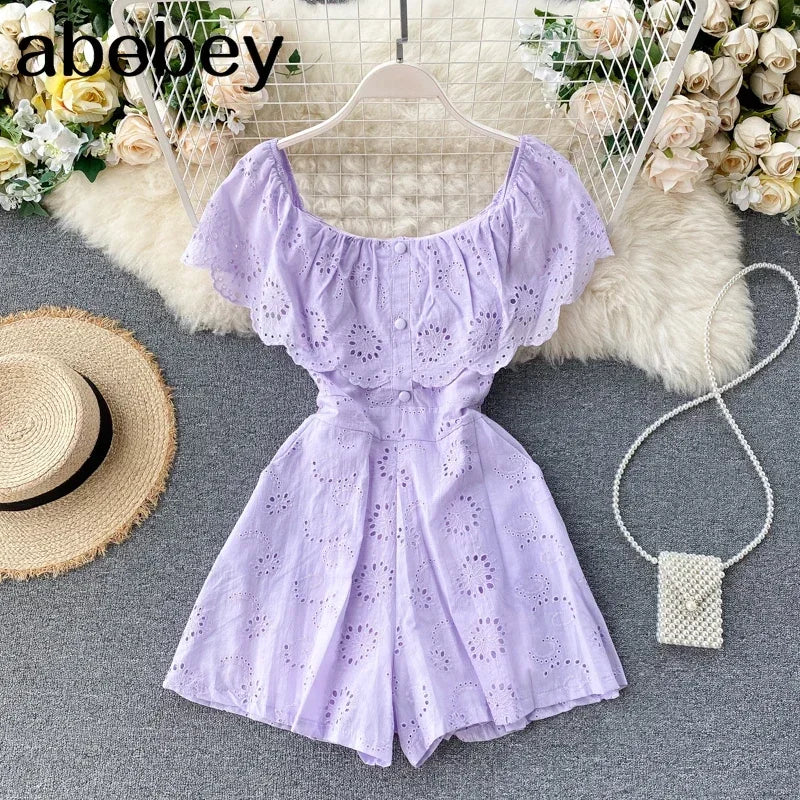 Sexy Slash Neck Women Jumpsuits 2026 New Sweet Ruffles Hollow Solid Rompers Summer Fashion Wide Leg Short Rompers