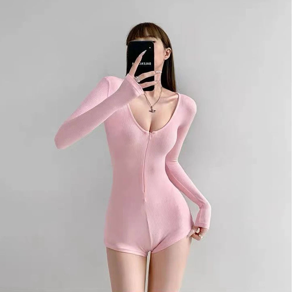 Women's Short Jumpsuits Slim Fit Stretch One Piece Yoga Playsuits Romper Sexy Fitness Female Basic Low-cut Zipper Sportwears
