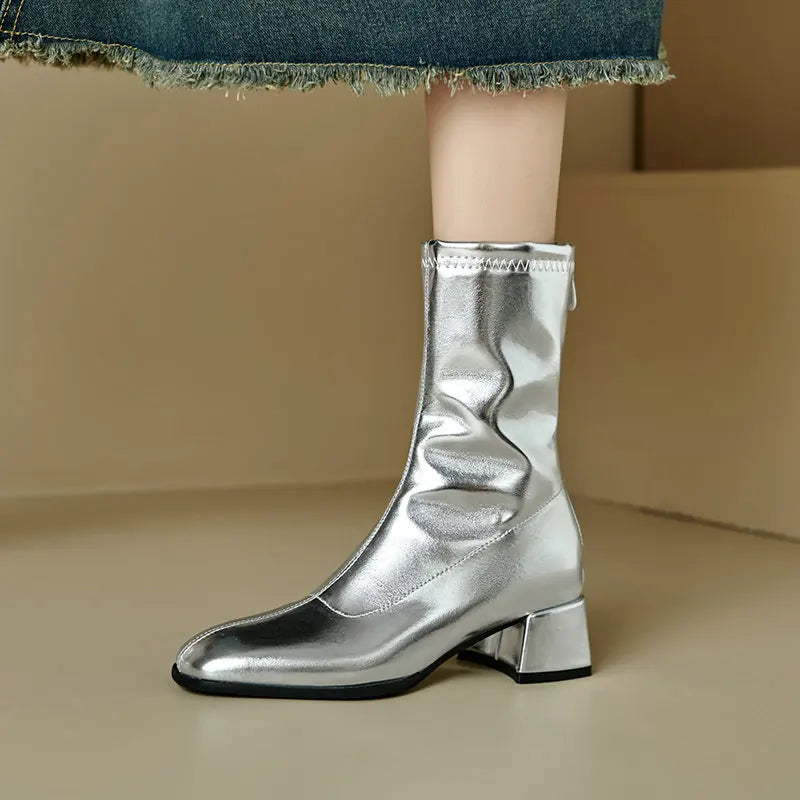 Black Thick Heel Short Boots For Women 4.5CM Fashion Back Zipper Autumn Winter Woman Shoes Square Toe Leisure Daily Ankle Boots