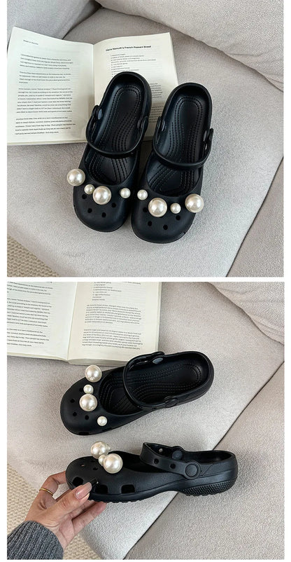 Clogs Summer Slippers Women Luxury Pearl Metal Flower Mary Janes Designer Ballet Shoes Girls Corc Charms Sandals Indoor Outdoor