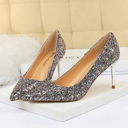 Women 7cm 9.5cm High Heels Pumps Wedding Bridal Scarpins Sparkly Mid Heels Lady Party Sequins Glitter Evening Gold Silver Shoes