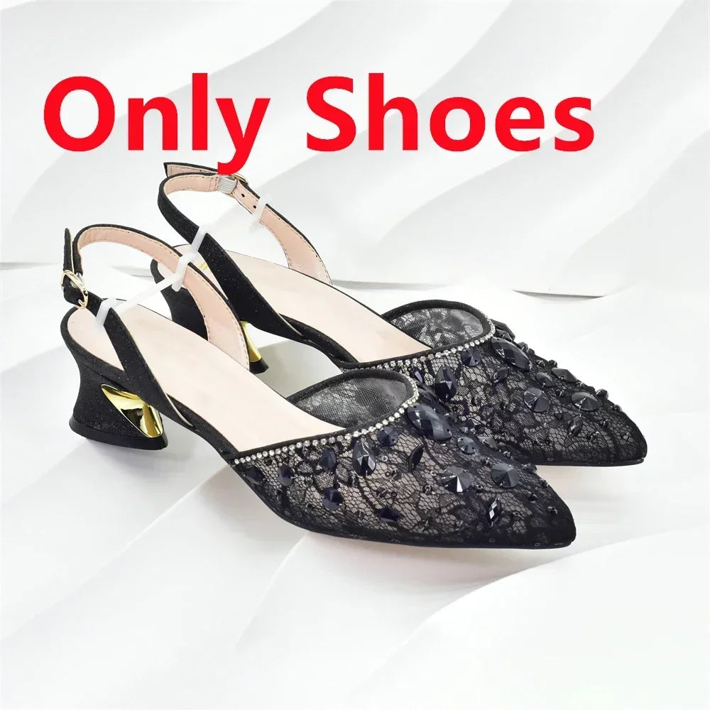 New Arrival African Wedding Shoes and Bag Set with Rhinestone Italian Design Shoes with Matching Bags Nigerian Lady Party Pumps
