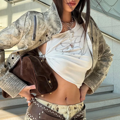 White Side Tie Beaded Straps Crop Tank Top Y2K Sexy Sleeveless Back Tie Asymmetric Print Going Out Tops Women's Summer 2026