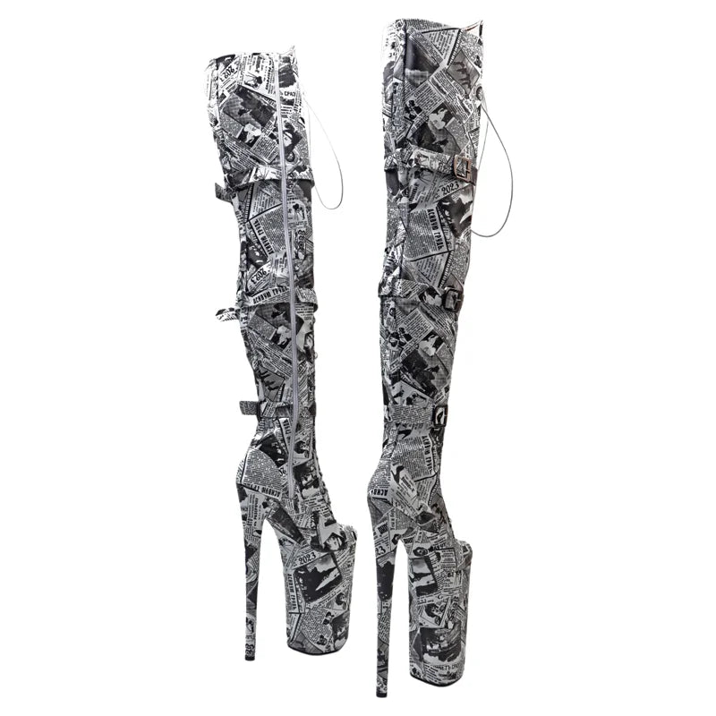 Leecabe  26CM/10inches  PU  English pattern Trend fashion electroplate platform High Heel  stripper heel Pole Dance boots