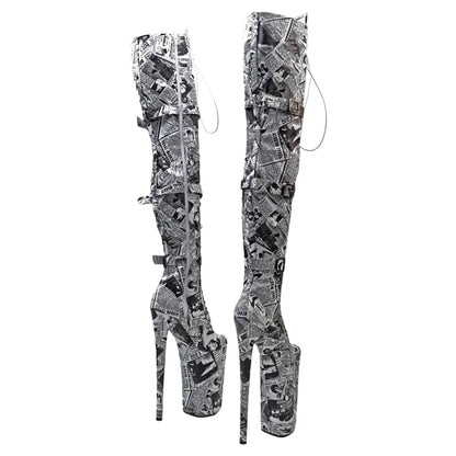 Leecabe  26CM/10inches  PU  English pattern Trend fashion electroplate platform High Heel  stripper heel Pole Dance boots