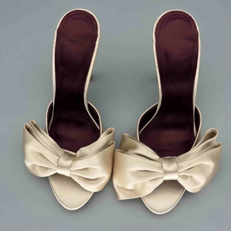 Luxury Satin Silk Bowknot Mule Sandals Woman Chic High Heel Point Toe Stiletto Slides Ladies Elegant Evening Party Dress Shoes