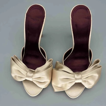 Luxury Satin Silk Bowknot Mule Sandals Woman Chic High Heel Point Toe Stiletto Slides Ladies Elegant Evening Party Dress Shoes