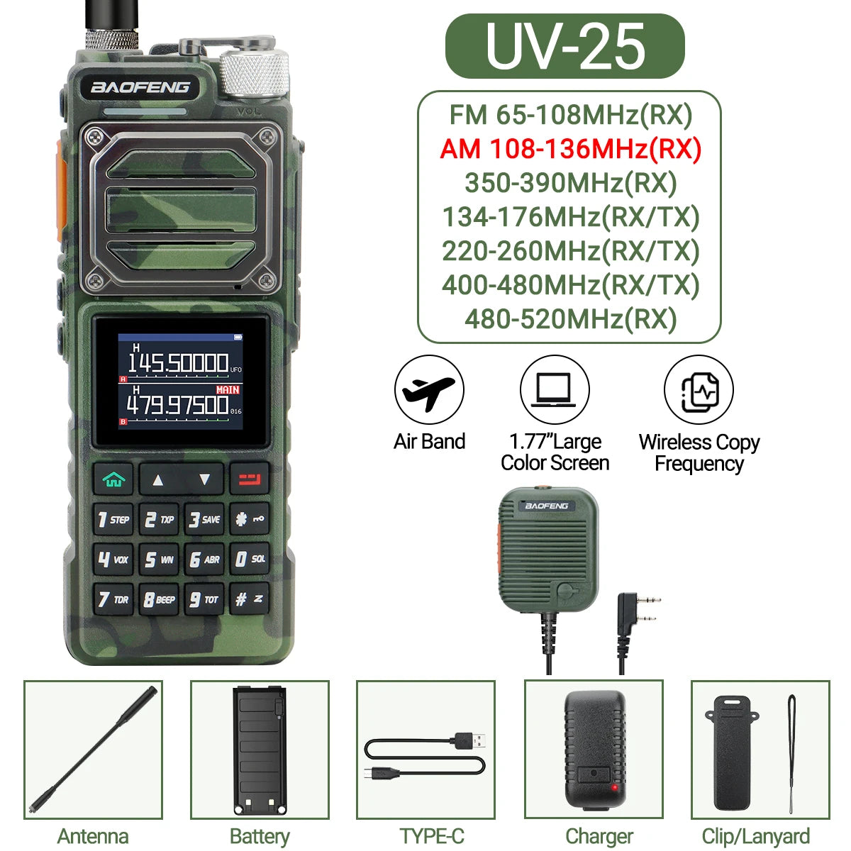 Baofeng UV-25 Air Band Walkie TalkieS Long Range UHF VHF  Wireless Copy Frequency  NOAA Type-C Charge AM Ham Two Way Radio UV-21