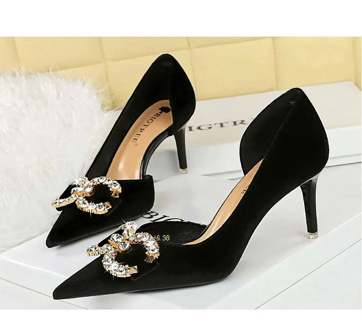 BIGTREE Party Pumps 7cm Thin High Heels Western Style Velvet Shallow Pointed Toe Side Hollow Crystal Pearl Bow Lady Shoes Pink
