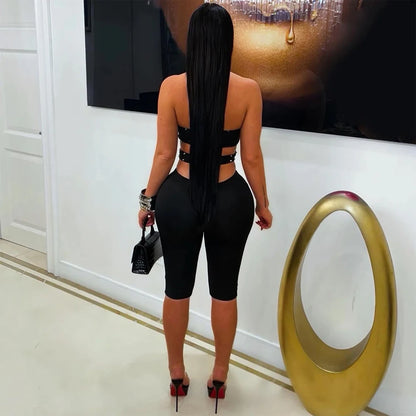 Beads Decorate Playsuits Women Hot Commodity Jumper One Piece Jumpsuit Sexy Halter Cutout Sleeveless Backless Skinny Rompers