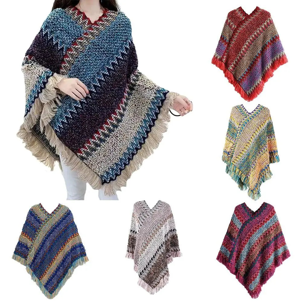 Coat Overlays Winter Warm Mongolian Poncho Striped Polyester Knitting Wraps Ethnic Style Pullover Tassel Shawl Women Fashion