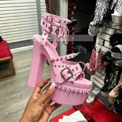 Pink Studded Platform Heels Sandals Women Metal Spikes Buckle Strap Peep Toe Block Heels Sandals Gothic Punk Ring Leather Shoes