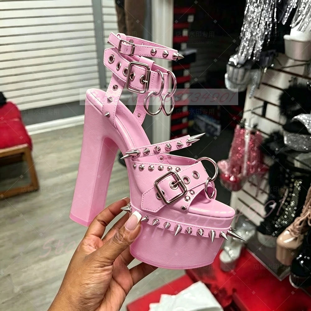 Pink Studded Platform Heels Sandals Women Metal Spikes Buckle Strap Peep Toe Block Heels Sandals Gothic Punk Ring Leather Shoes