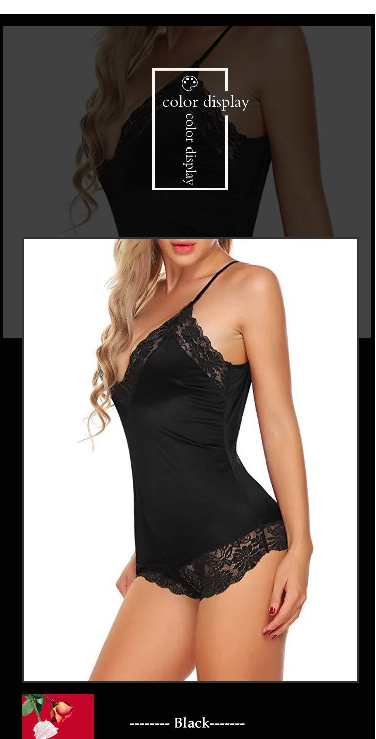 Women Lace Pajamas Nightclothes Black M L XL Sexy Ice Silky Smooth Cool Low Cut V Neck Deep V Short Jumpsuit for Women