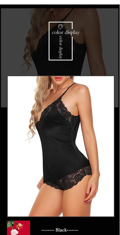 Women Lace Pajamas Nightclothes Black M L XL Sexy Ice Silky Smooth Cool Low Cut V Neck Deep V Short Jumpsuit for Women