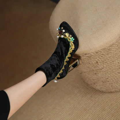 Royal Gemstone Jeweled Flower Velvet Ankle Boots Floral Crystal Cage Fretwork High Heels Blue Red Black Woman Bridal Booties