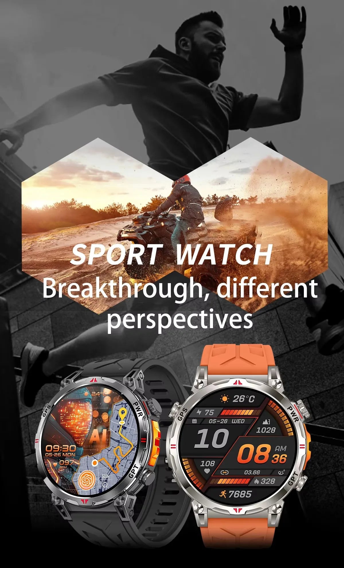 Men KC93 Smart Watch 1.56inch AMOLED GPS Positioning Outdoors Sports Fitness Tracker Bluetooth Calling Large Battery Smartwatch