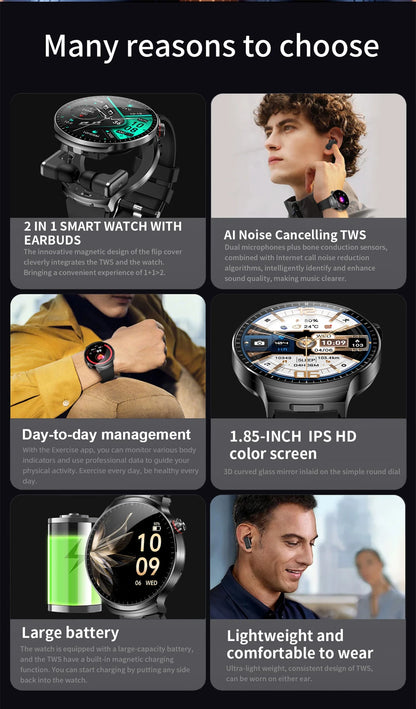 2026 New TWS 2 in 1 Smart Watch with Earbuds Bluetooth Call Earphone Smartwatch Men Women Heart Rate Monitor Sport Music Watches