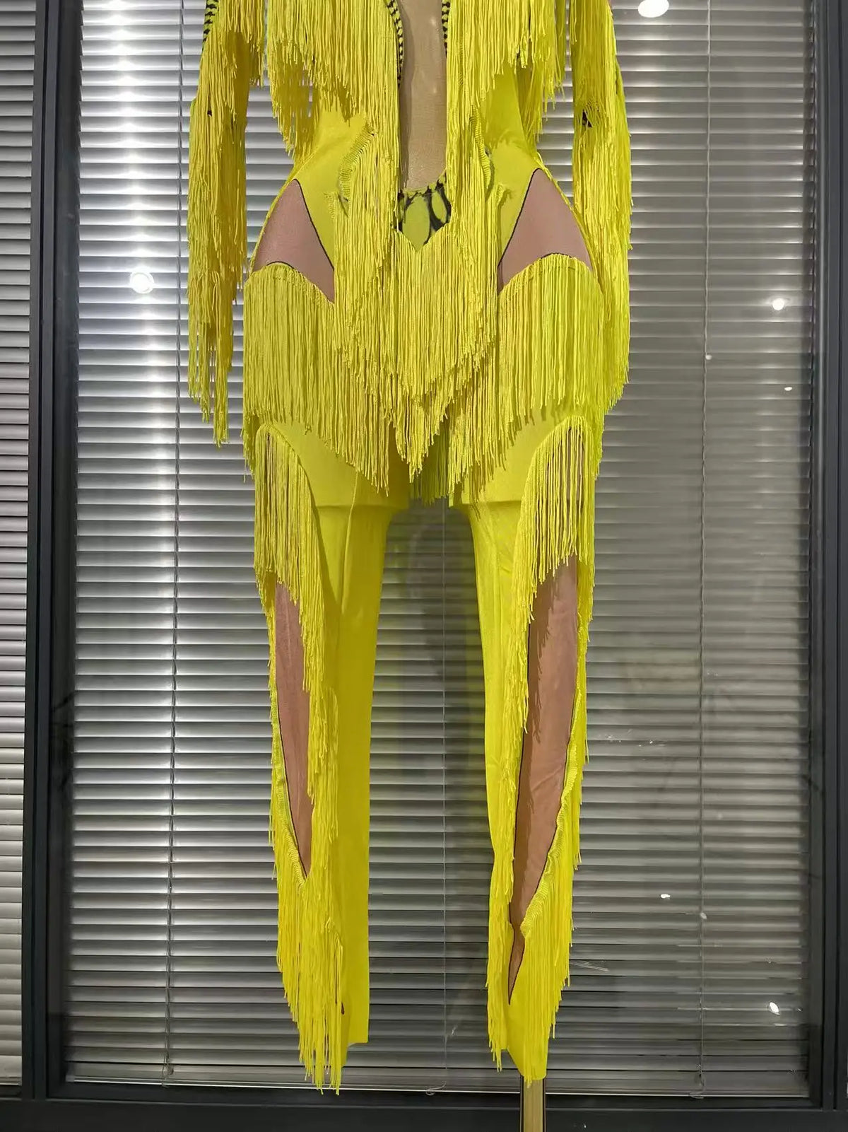 Yellow Tassel Jumpsuit Women Long Sleeve Spandex Skinny Fringe Leotard Sexy Stage Wear DJ Singer Dancer Party Show Costume