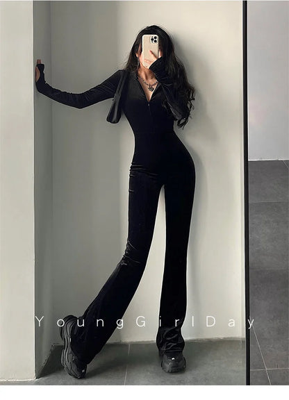 WOMENGAGA Fashion Black Velvet Slim Hooded Zipper Long Sleeve Flare Pants Jumpsuit Rompers Korean Sexy Hot Tops 2022 9P64