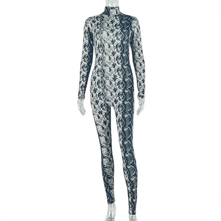 FLARORA Vintage Serpentine Printing Jumpsuits Woman Trend Turtleneck Full Sleeve Skinny Peach Hip Night Party Clubwear Overalls