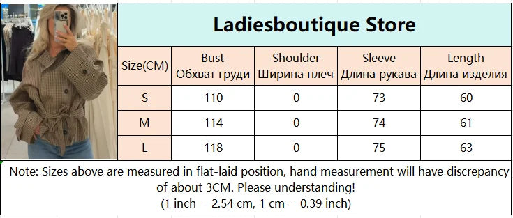 Long Sleeve Plaid Cropped Trench Coat Women Lapel Double Breasted Belted Waist Loose Checkered Short Jacket Lady Autumn Coats