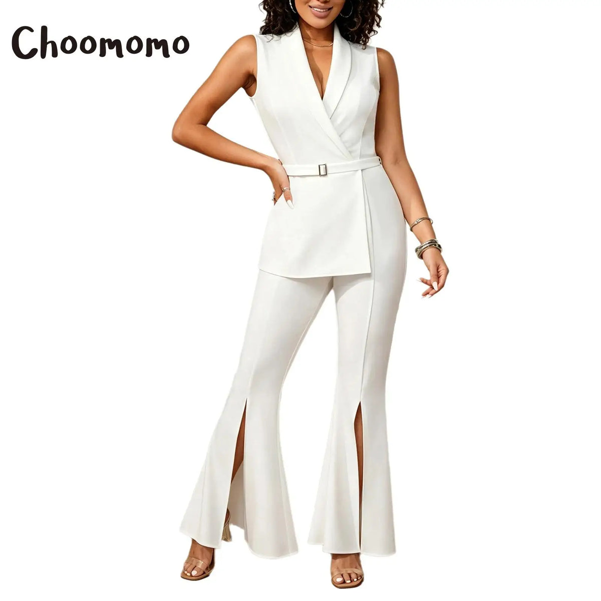 New Women V-neck Sleeveless Work Jumpsuit Elegant Lady Lapel Side Zip Split Flared Rompers Bodysuit for Club Vacation Daily Wear