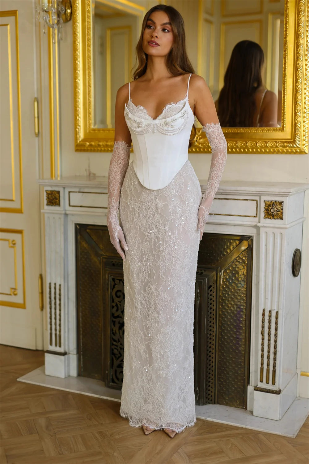 Tokyo Customized White Spaghetti Strap Wedding Dress Detachable Sleeves Lace-Up Floor-Length Bridal Gown Mermaid Wedding Gown
