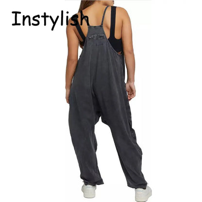 Women Casual Spaghetti Strap Sleeveless Jumpsuit Vintage Harajuku Wide Leg Loose Pants Summer Solid Oversize Overalls Rompers