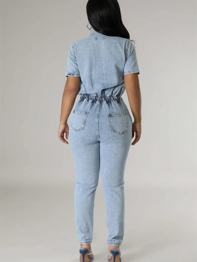 Fashion Denim Jumpsuit Summer Clothes Women 2026 Short Sleeve Button Up Pencil Jeans Rompers Playsuits One Piece Overalls Outfit