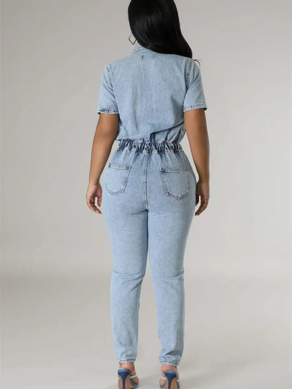 Fashion Denim Jumpsuit Summer Clothes Women 2026 Short Sleeve Button Up Pencil Jeans Rompers Playsuits One Piece Overalls Outfit
