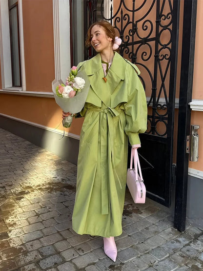 Women Khaki Long Color-block Stripe Trench Coat Wide Lapel Loose Drop Shoulder Blue Lining Slit Windbreaker Commute Outing Coats