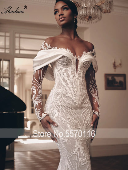 Alonlivn Custom Made Luxury Lace 2 In 1 Mermaid Wedding Dress Beading Embroidery Illusion Neck Trumpet Bridal Gowns