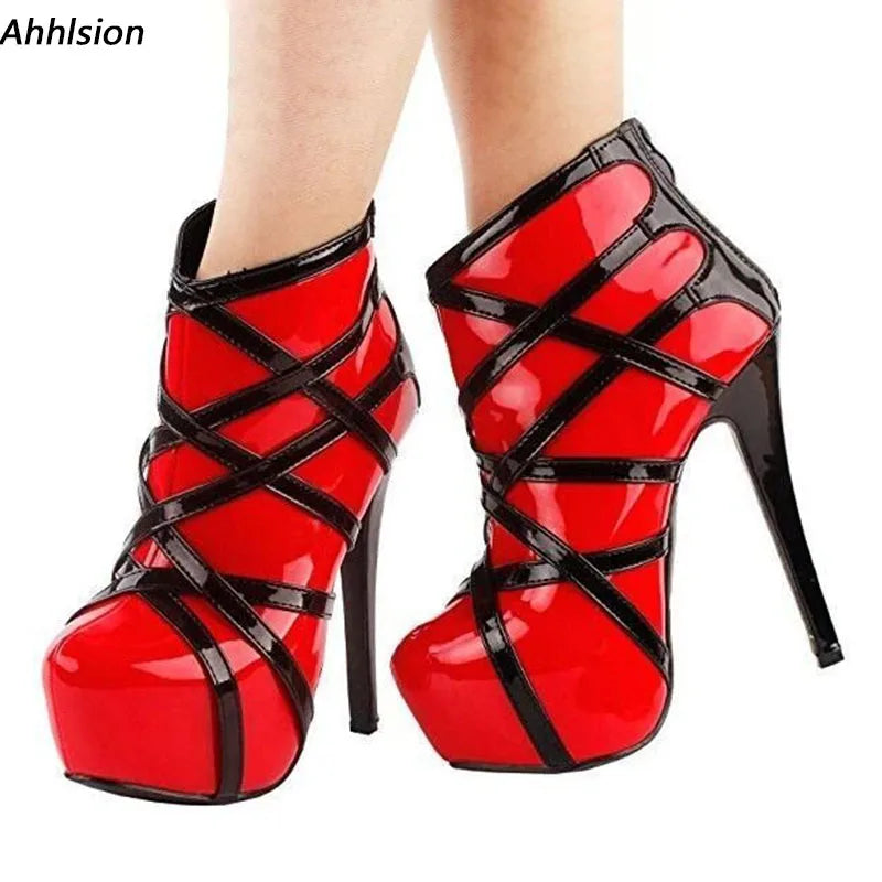 Ahhlsion Handmade Women Winter Ankle Boots Hidden Platform Stiletto Heels Round Toe Pretty Red Party Shoes US Plus Size 5-20